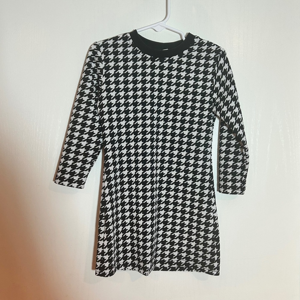 Kids Houndstooth Long Sleeve Dress - Black and‎ White Pattern 100